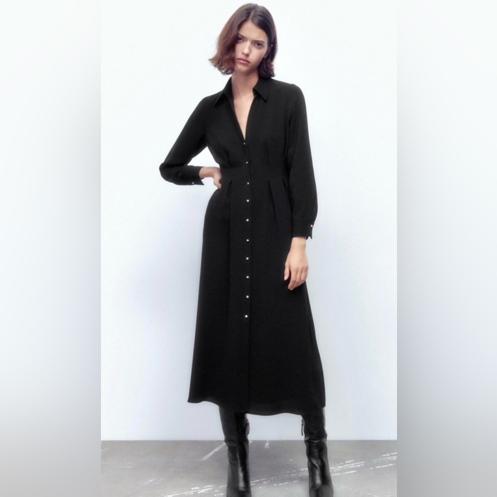 Zara Darted Black Long Sleeve Maxi Dress With Gold Buttons